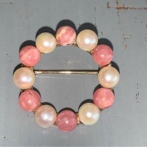 Vintage Coral and Pearl 1” Circle Pin Anson KaratClad Jewelry Brooch